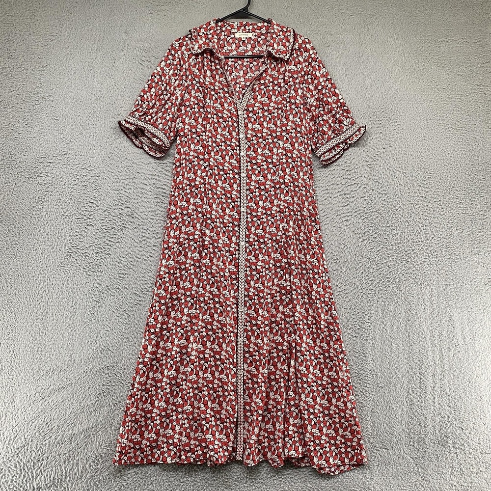 Max Studio Shirt Dress Womens Medium Red Floral Button Front Midi Pockets Ruffle
